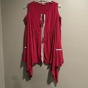 Goldspark Boho Top Cold Shoulder Ruffled Long Sleeve Red Tunic Size Medium